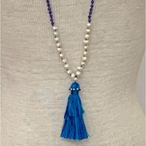 Poupette St. Barth Beautiful Blues Crystal and Freshwater Pearl Tassel Necklace
